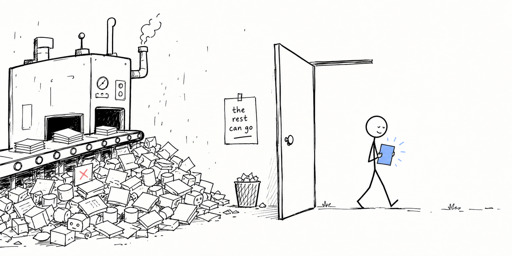 A human leaving a machine-filled workshop with one selected page